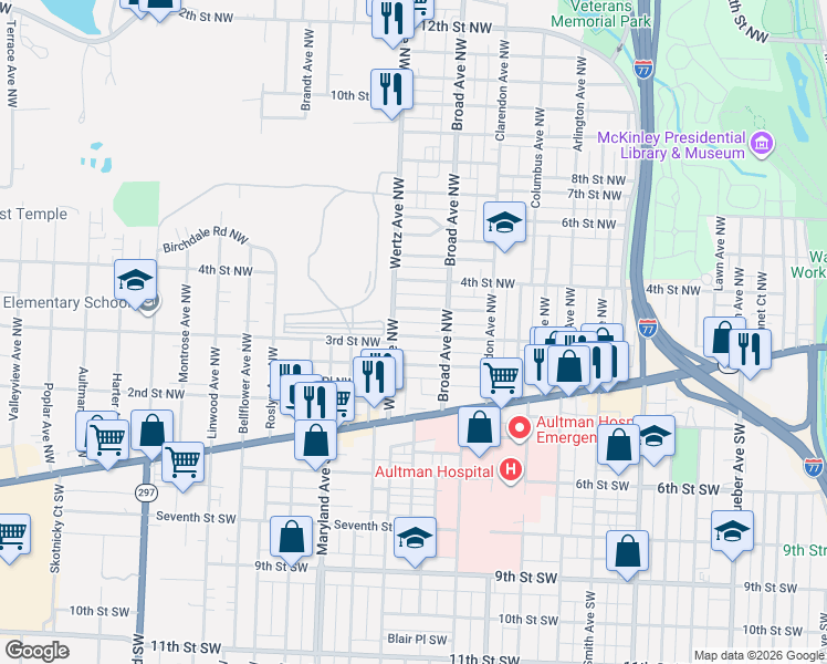 map of restaurants, bars, coffee shops, grocery stores, and more near 2904 Rosewood Place Northwest in Canton