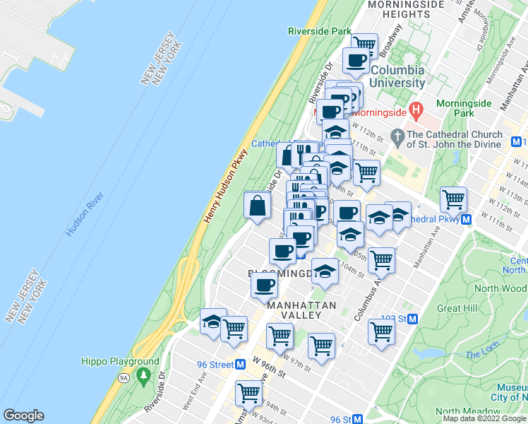 map of restaurants, bars, coffee shops, grocery stores, and more near 325 Riverside Drive in New York