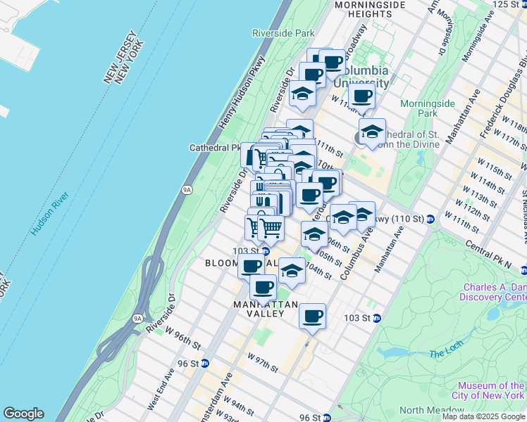 map of restaurants, bars, coffee shops, grocery stores, and more near 930 West End Avenue in New York