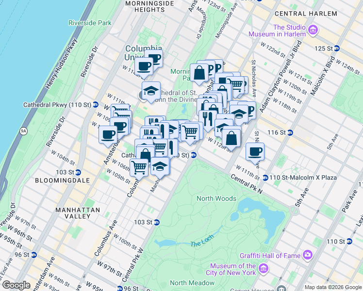 map of restaurants, bars, coffee shops, grocery stores, and more near 321 West 110th Street in New York