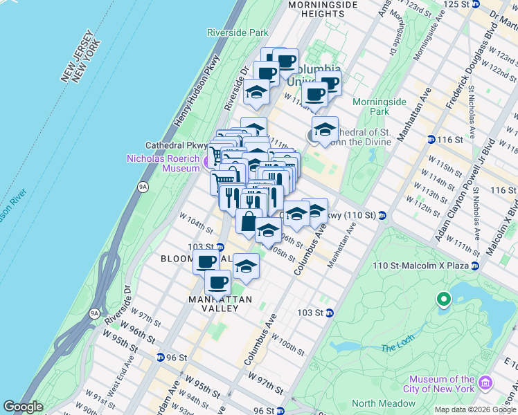 map of restaurants, bars, coffee shops, grocery stores, and more near 210 West 107th Street in New York