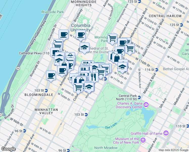map of restaurants, bars, coffee shops, grocery stores, and more near 352 Cathedral Parkway in New York