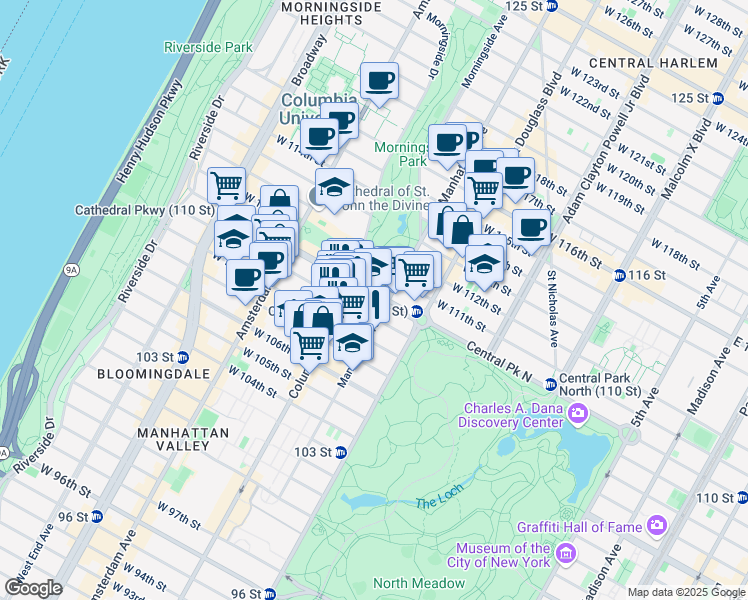 map of restaurants, bars, coffee shops, grocery stores, and more near 352 Cathedral Parkway in New York