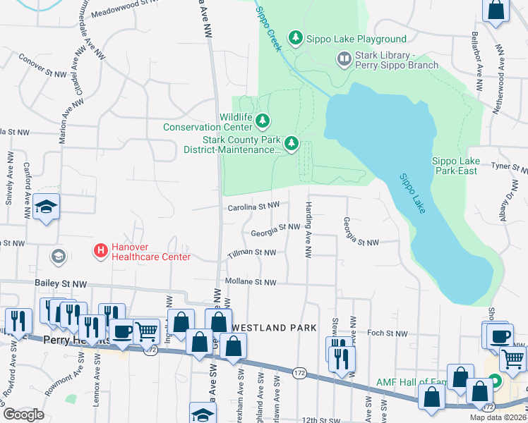 map of restaurants, bars, coffee shops, grocery stores, and more near 3718 Carolina Street Northwest in Massillon