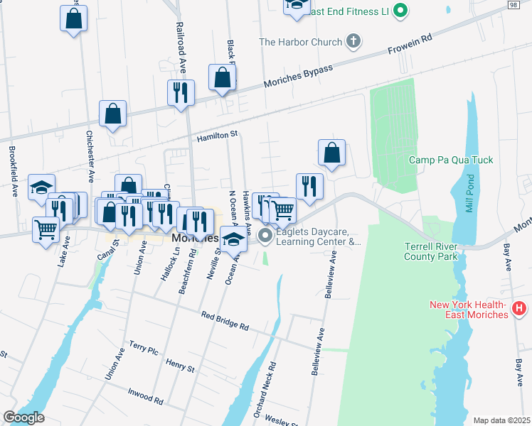 map of restaurants, bars, coffee shops, grocery stores, and more near 25 Hawkins Avenue in Center Moriches