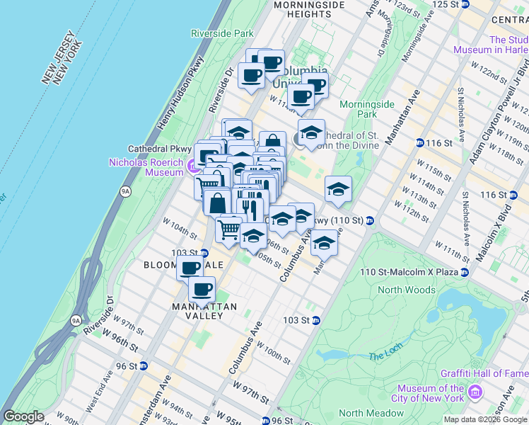 map of restaurants, bars, coffee shops, grocery stores, and more near 965 Amsterdam Avenue in New York
