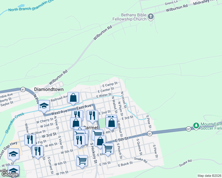 map of restaurants, bars, coffee shops, grocery stores, and more near 353 North Walnut Street in Mount Carmel