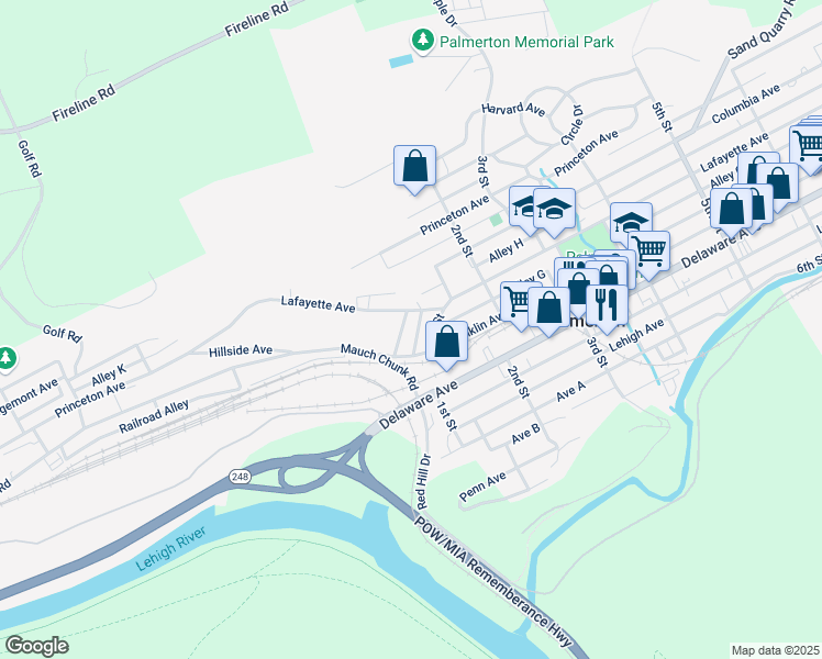 map of restaurants, bars, coffee shops, grocery stores, and more near 734 Church Street in Palmerton