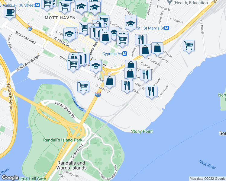map of restaurants, bars, coffee shops, grocery stores, and more near 708 East 133rd Street in The Bronx