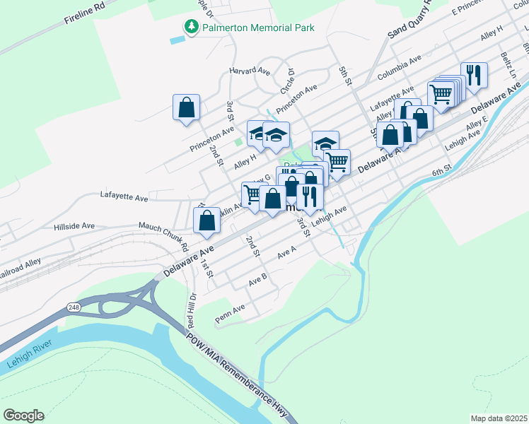 map of restaurants, bars, coffee shops, grocery stores, and more near 241 Delaware Ave in Palmerton