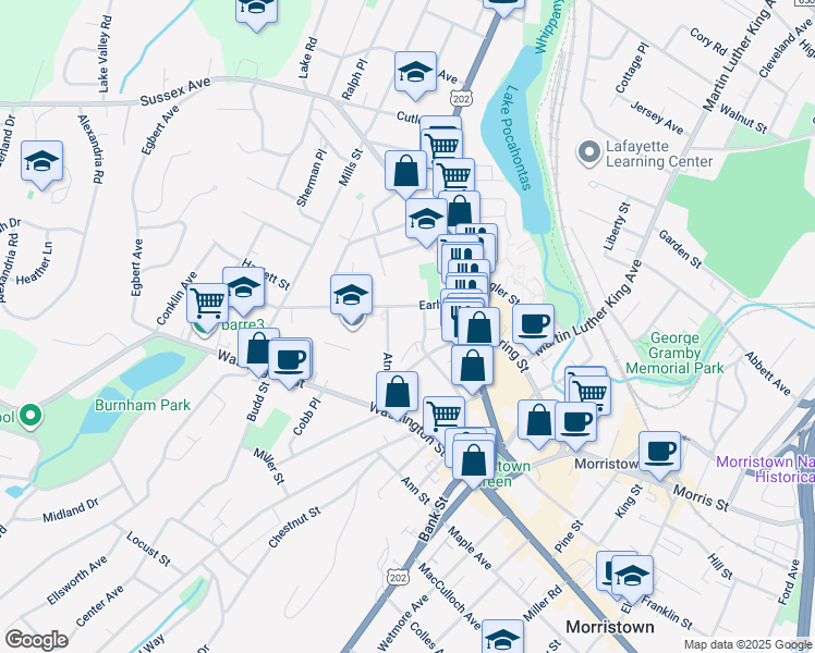 map of restaurants, bars, coffee shops, grocery stores, and more near 44 Prospect Street in Morristown