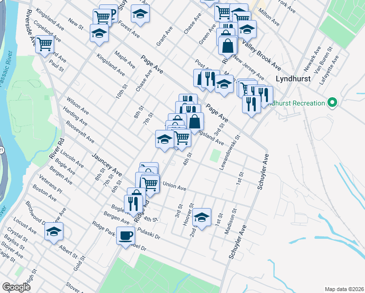 map of restaurants, bars, coffee shops, grocery stores, and more near 643 Ridge Road in Lyndhurst