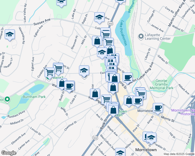 map of restaurants, bars, coffee shops, grocery stores, and more near 44 Prospect Street in Morristown