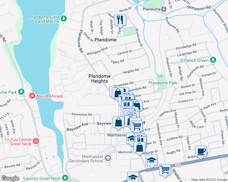 map of restaurants, bars, coffee shops, grocery stores, and more near 668 Plandome Road in Manhasset