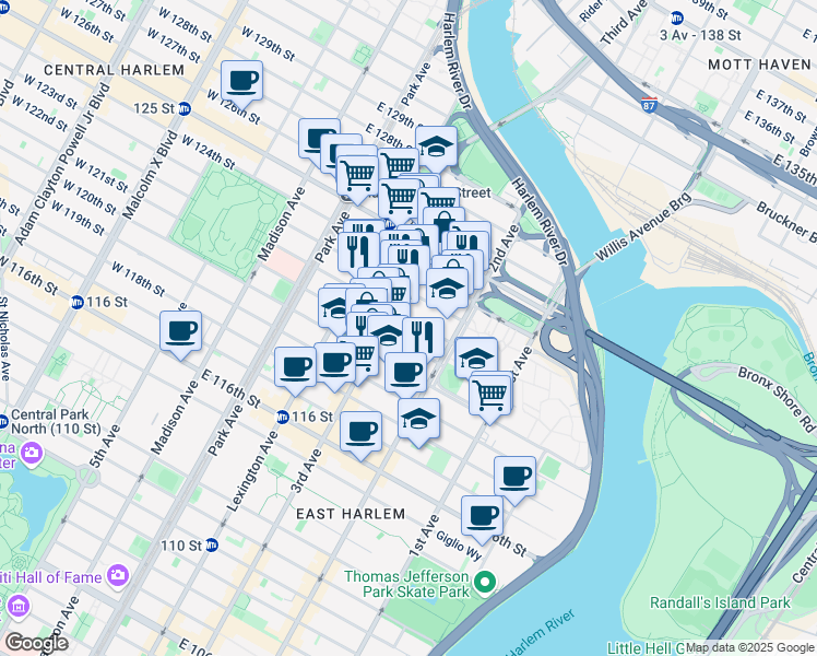 map of restaurants, bars, coffee shops, grocery stores, and more near 221 1/2 East 122nd Street in New York