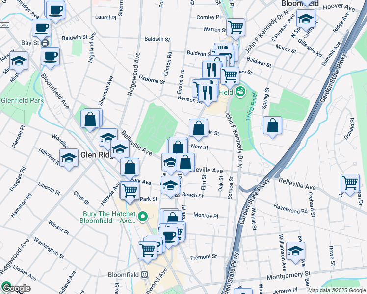 map of restaurants, bars, coffee shops, grocery stores, and more near 219 Broad Street in Bloomfield