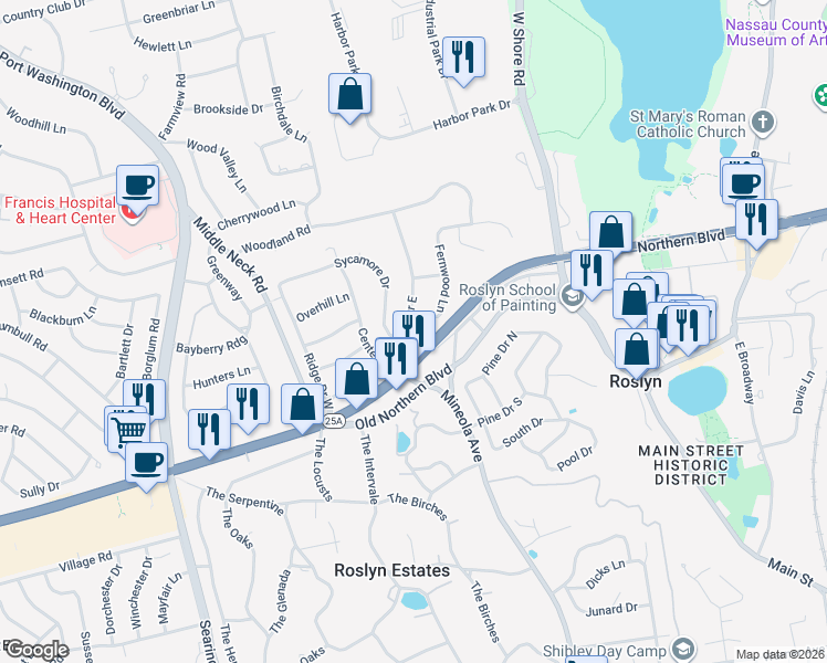 map of restaurants, bars, coffee shops, grocery stores, and more near 16 Fernwood Lane in Roslyn