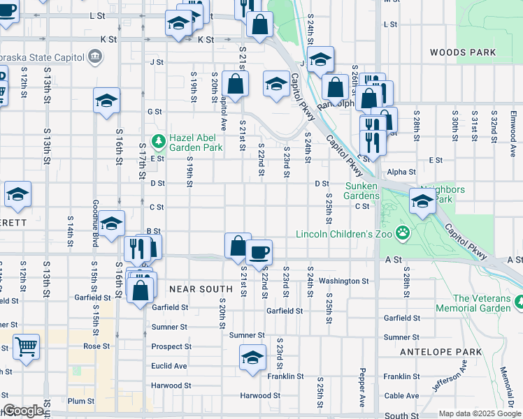 map of restaurants, bars, coffee shops, grocery stores, and more near 2147 C Street in Lincoln
