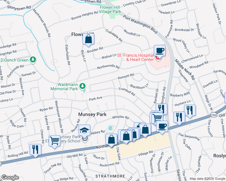 map of restaurants, bars, coffee shops, grocery stores, and more near 448 Abbey Road in Manhasset