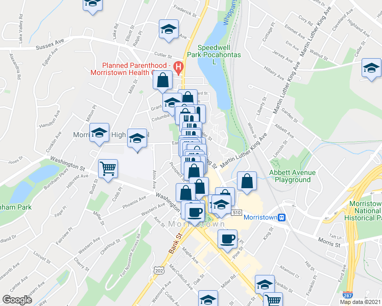 map of restaurants, bars, coffee shops, grocery stores, and more near 104 Speedwell Ave in Morristown