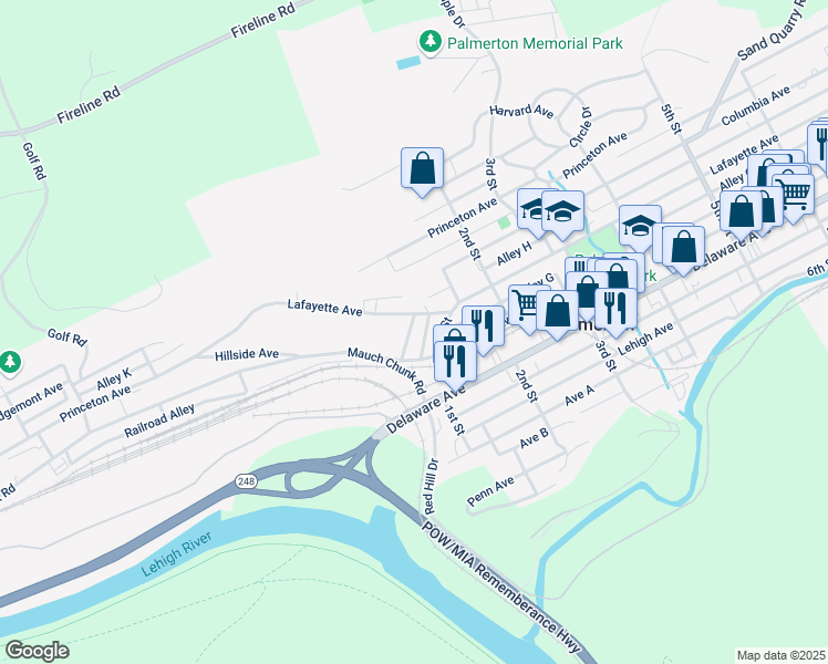 map of restaurants, bars, coffee shops, grocery stores, and more near 734 Church Street in Palmerton