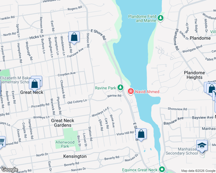 map of restaurants, bars, coffee shops, grocery stores, and more near 20a North Ravine Road in Great Neck