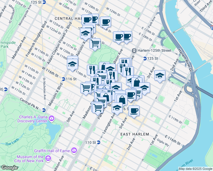 map of restaurants, bars, coffee shops, grocery stores, and more near 76 East 119th Street in New York