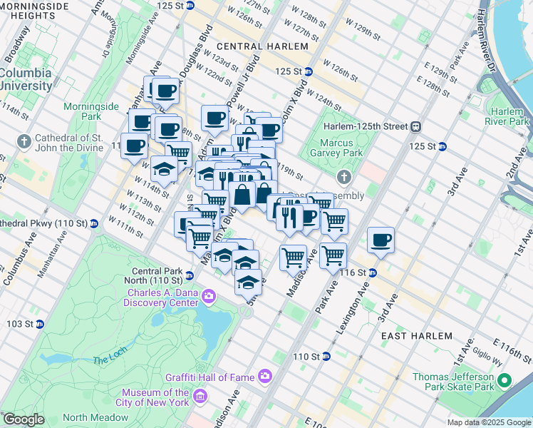 map of restaurants, bars, coffee shops, grocery stores, and more near 46 West 116th Street in New York