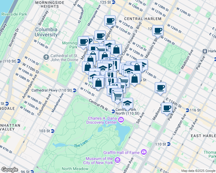 map of restaurants, bars, coffee shops, grocery stores, and more near 124 West 114th Street in New York