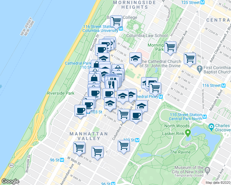map of restaurants, bars, coffee shops, grocery stores, and more near 985 Amsterdam Avenue in New York