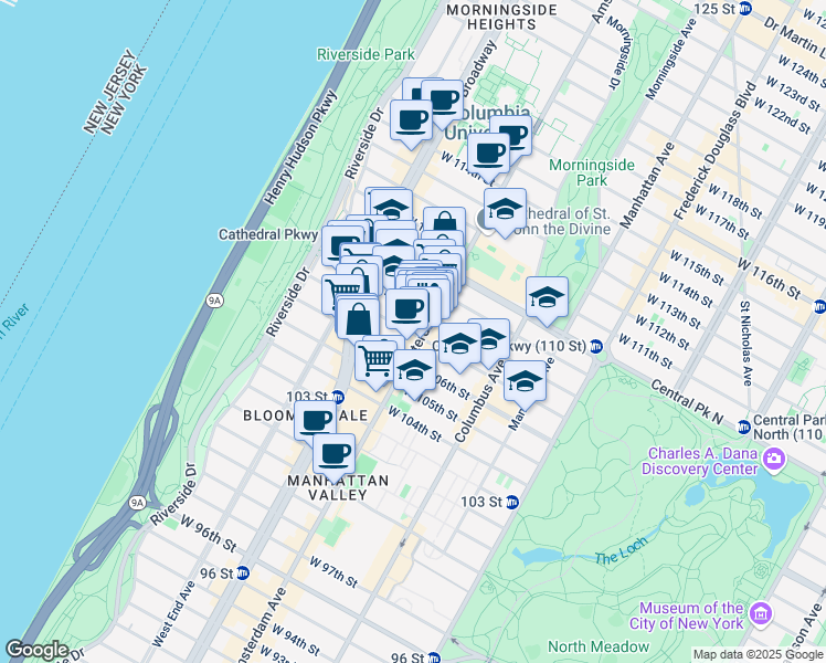 map of restaurants, bars, coffee shops, grocery stores, and more near 972c Amsterdam Avenue in New York