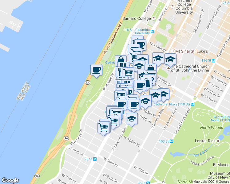 map of restaurants, bars, coffee shops, grocery stores, and more near 307 West 105th Street in New York