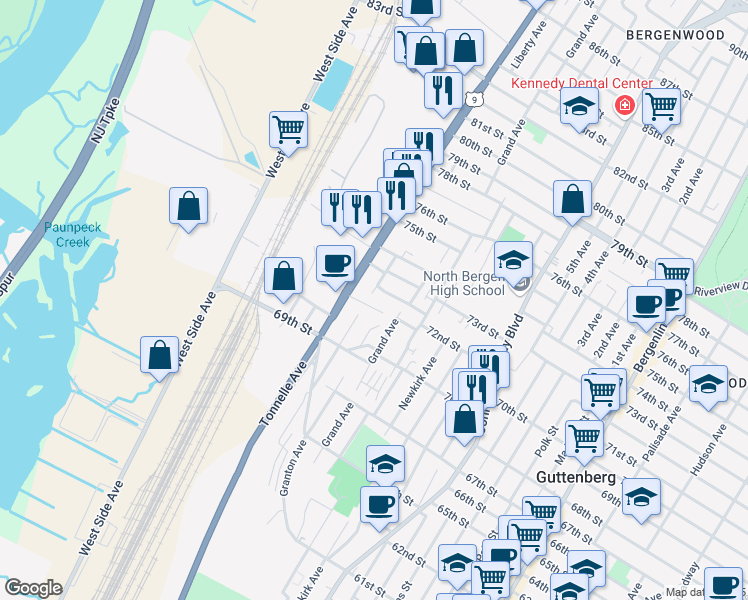 map of restaurants, bars, coffee shops, grocery stores, and more near 1704 71st Street in North Bergen