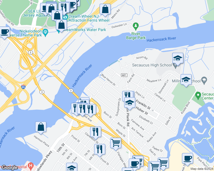map of restaurants, bars, coffee shops, grocery stores, and more near 199 Blue Heron Drive in Secaucus