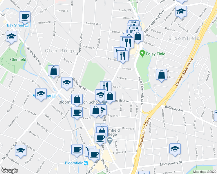 map of restaurants, bars, coffee shops, grocery stores, and more near 219 Broad Street in Bloomfield