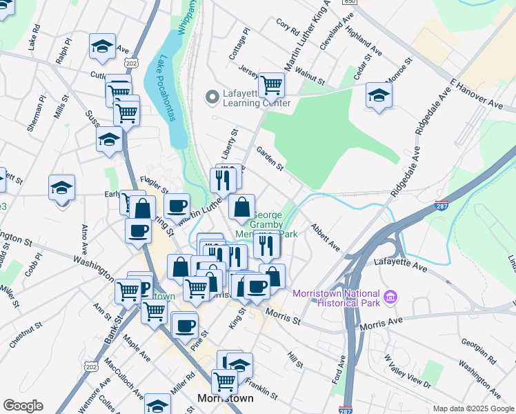 map of restaurants, bars, coffee shops, grocery stores, and more near 19 Lincoln Street in Morristown
