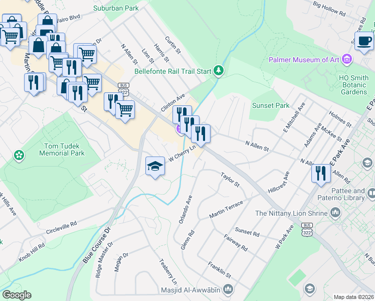 map of restaurants, bars, coffee shops, grocery stores, and more near 611 West Cherry Lane in State College