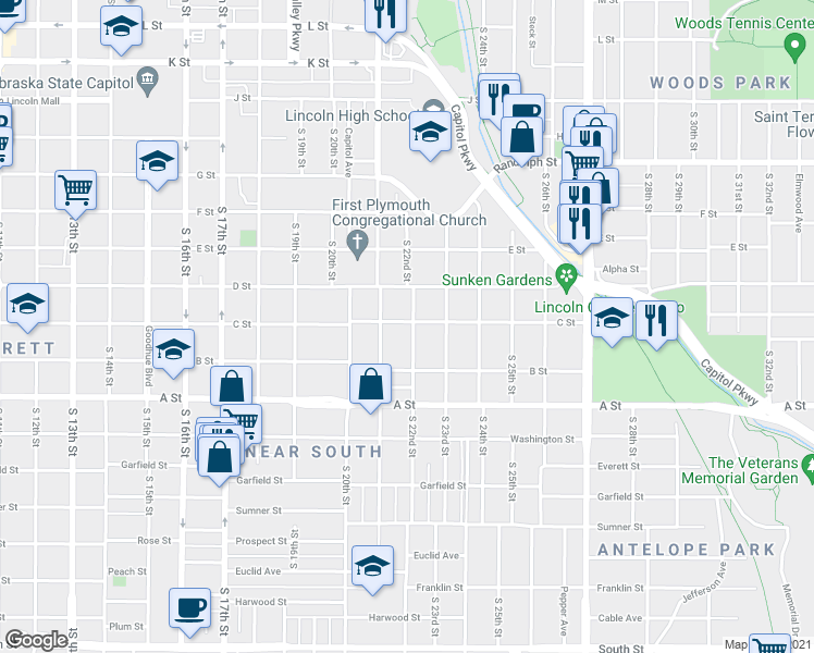 map of restaurants, bars, coffee shops, grocery stores, and more near 2123 C Street in Lincoln