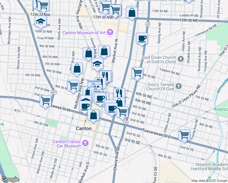 map of restaurants, bars, coffee shops, grocery stores, and more near 131 5th Street Northeast in Canton
