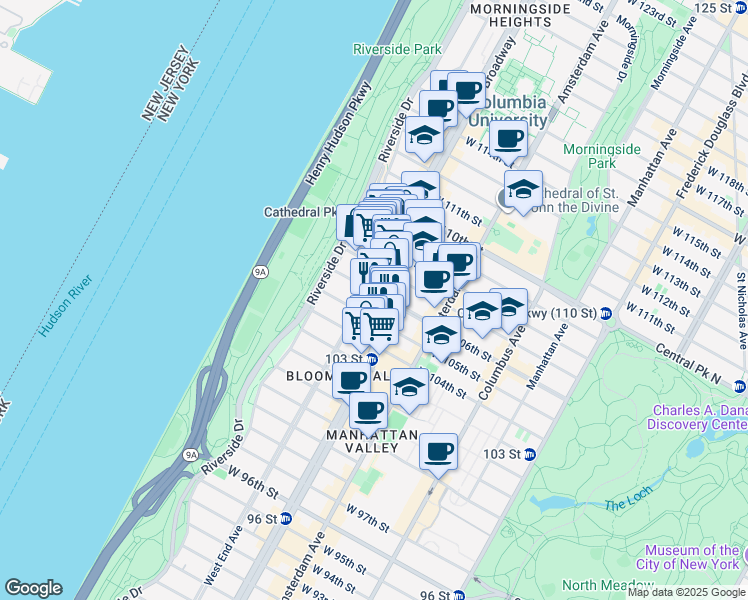 map of restaurants, bars, coffee shops, grocery stores, and more near 936 West End Avenue in New York
