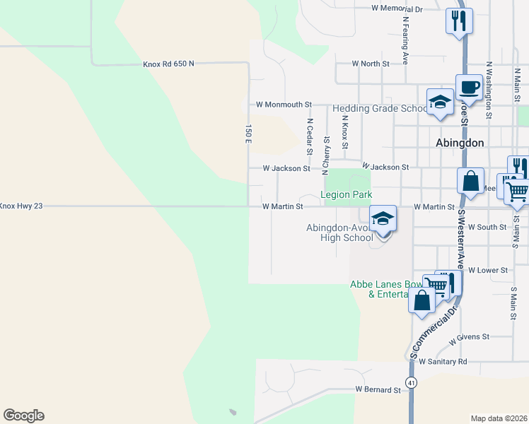 map of restaurants, bars, coffee shops, grocery stores, and more near 201 South Stockdale Lane in Abingdon