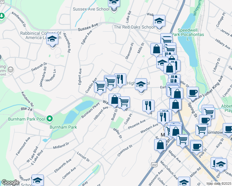 map of restaurants, bars, coffee shops, grocery stores, and more near 24 Mills Street in Morristown