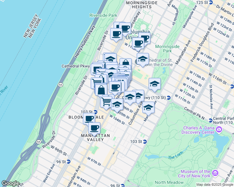 map of restaurants, bars, coffee shops, grocery stores, and more near 972c Amsterdam Avenue in New York