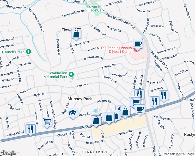 map of restaurants, bars, coffee shops, grocery stores, and more near 448 Abbey Road in Manhasset