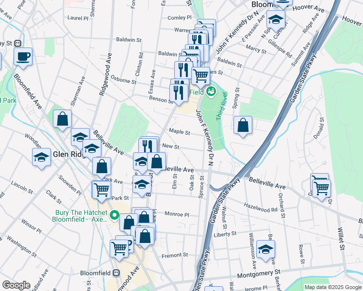 map of restaurants, bars, coffee shops, grocery stores, and more near 43 New Street in Bloomfield