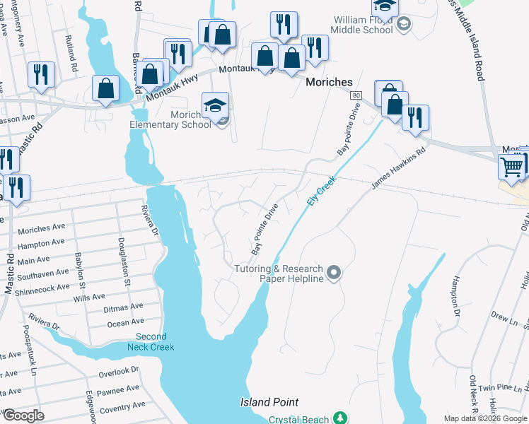 map of restaurants, bars, coffee shops, grocery stores, and more near 510 Highland Court in Moriches