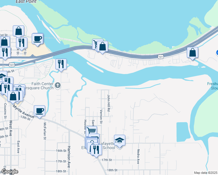 map of restaurants, bars, coffee shops, grocery stores, and more near 2967 North Street in Eureka
