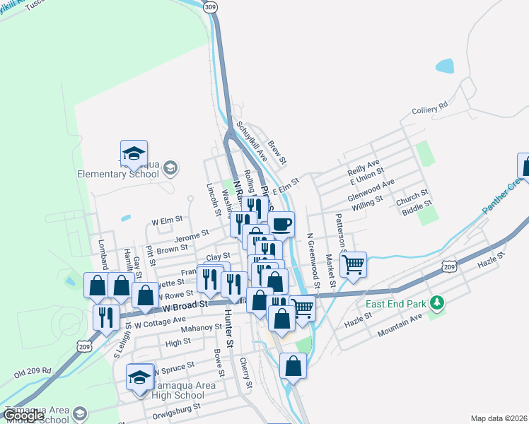 map of restaurants, bars, coffee shops, grocery stores, and more near 318 Pine Street in Tamaqua