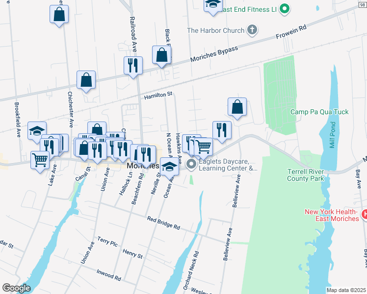 map of restaurants, bars, coffee shops, grocery stores, and more near 25 Hawkins Avenue in Center Moriches