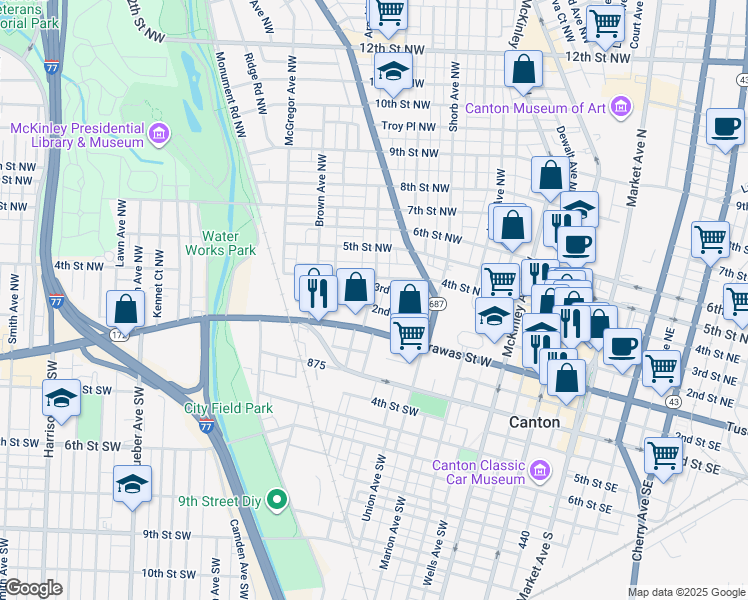 map of restaurants, bars, coffee shops, grocery stores, and more near 1035 2nd Street Northwest in Canton
